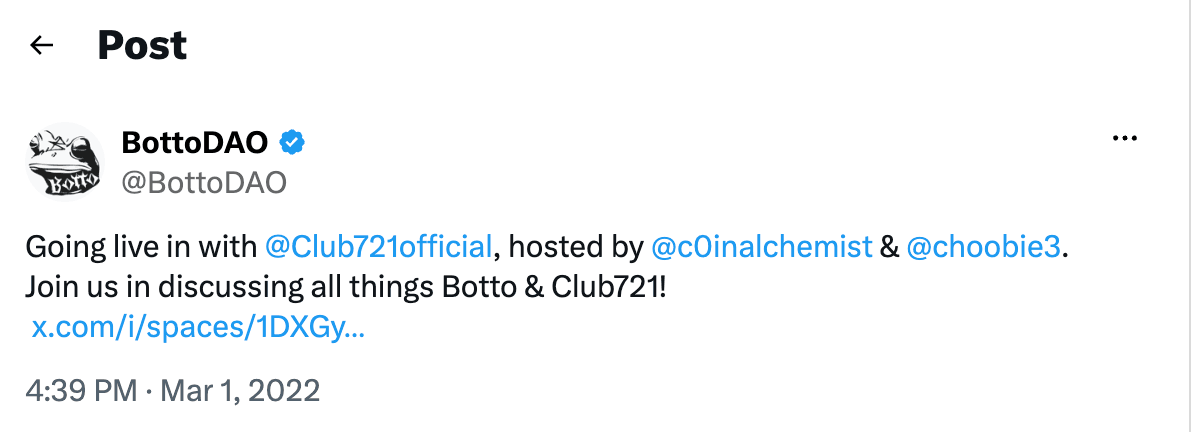 BottoDAO post on X: Going live with Club721, 1 March 2022