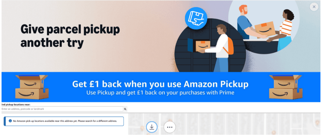 Desktop banner on the Pickup locations page: Give parcel pickup another try, Get £1 back